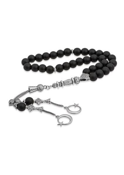 Doğal Taşlı Oniks Taşlı Gümüş Tesbih