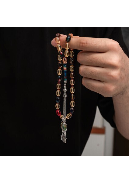 Sıkma Kehribar 925 Ayar Gümüş Tesbih