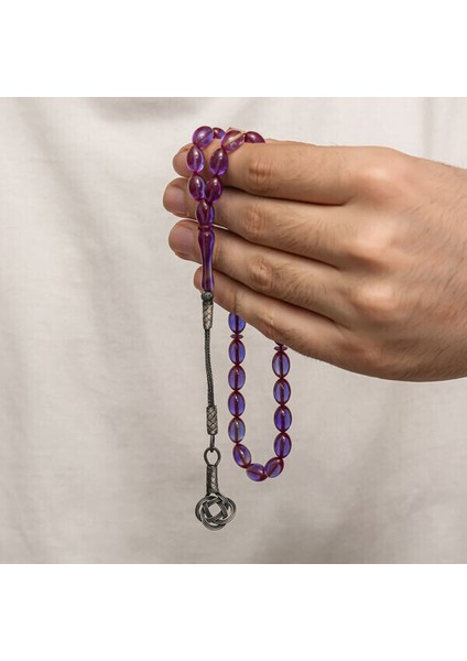 Sıkma Kehribar Kazaz Püsküllü 1000 Ayar Gümüş Tesbih