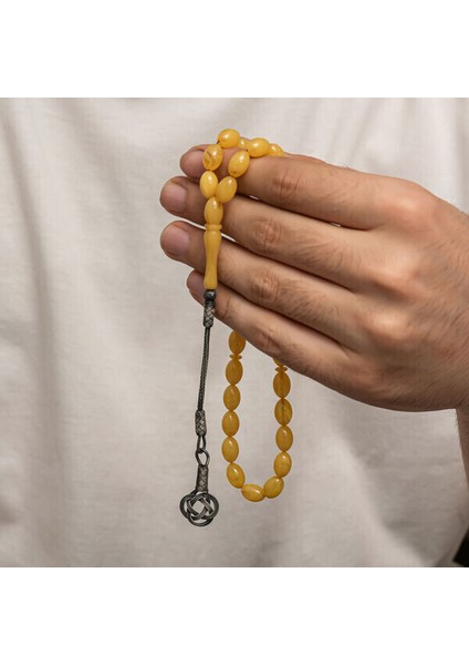 Sıkma Kehribar Kazaz Püsküllü 1000 Ayar Gümüş Tesbih