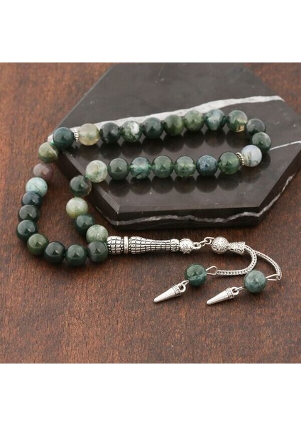 Doğal Taşlı Hint Akik Taşlı Gümüş Tesbih