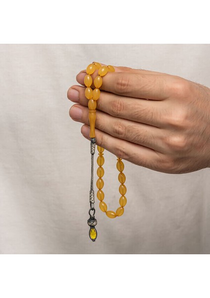 Sıkma Kehribar Kazaz Püsküllü 1000 Ayar Gümüş Tesbih