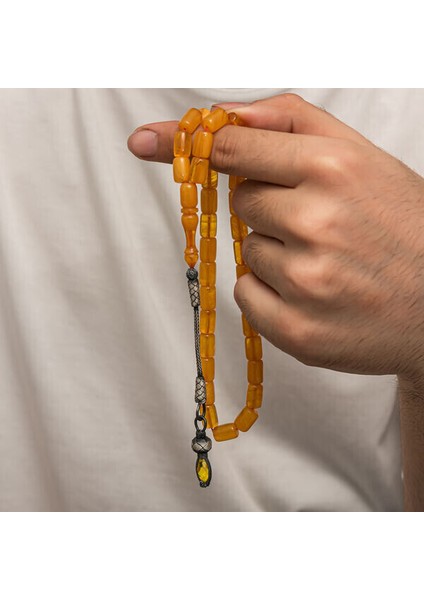 Sıkma Kehribar Kazaz Püsküllü 1000 Ayar Gümüş Tesbih