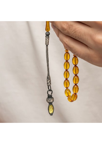 Sıkma Kehribar Kazaz Püsküllü 1000 Ayar Gümüş Tesbih