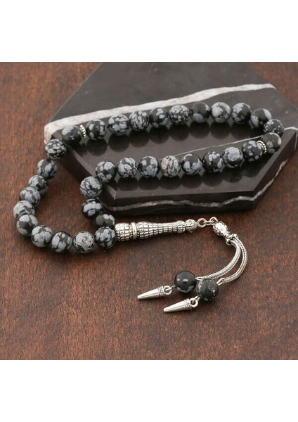 Doğal Taşlı Obsidyen Taşlı Gümüş Tesbih