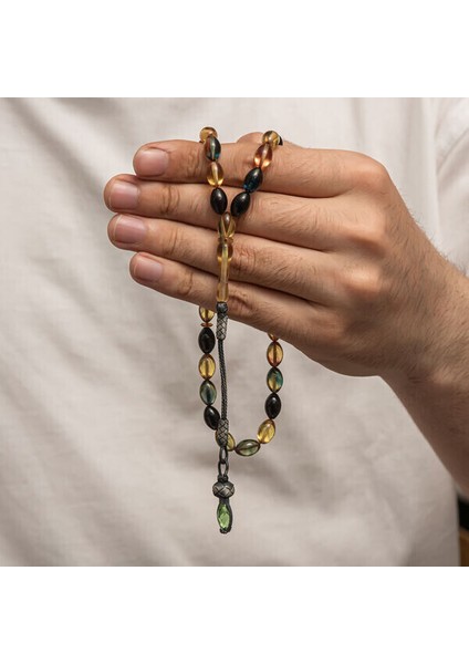 Sıkma Kehribar Kazaz Püsküllü 1000 Ayar Gümüş Tesbih