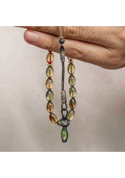 Sıkma Kehribar Kazaz Püsküllü 1000 Ayar Gümüş Tesbih