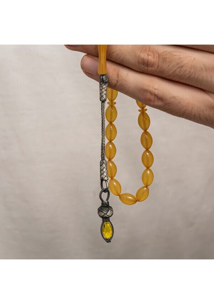 Sıkma Kehribar Kazaz Püsküllü 1000 Ayar Gümüş Tesbih