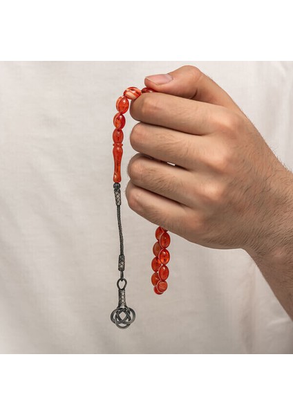 Sıkma Kehribar Kazaz Püsküllü 1000 Ayar Gümüş Tesbih