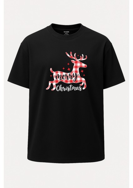 Oversize Merry Christmas Yılbaşı Geyiği Baskılı Unisex Tişört