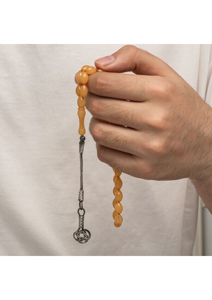 Sıkma Kehribar Kazaz Püsküllü 1000 Ayar Gümüş Tesbih