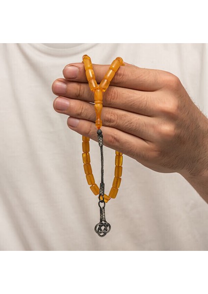 Sıkma Kehribar Kazaz Püsküllü 1000 Ayar Gümüş Tesbih