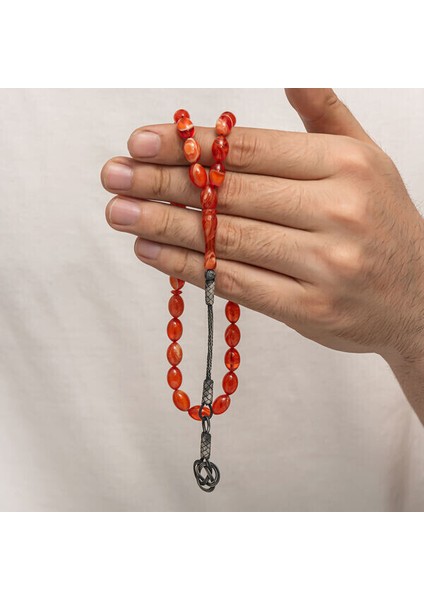 Sıkma Kehribar Kazaz Püsküllü 1000 Ayar Gümüş Tesbih