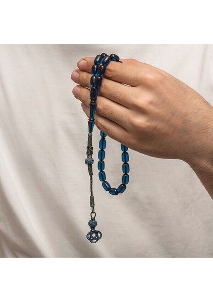 Sıkma Kehribar Kazaz Püsküllü 1000 Ayar Gümüş Tesbih