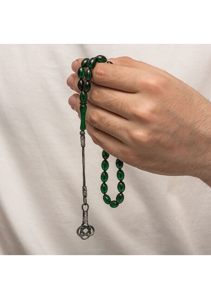 Sıkma Kehribar Kazaz Püsküllü 1000 Ayar Gümüş Tesbih