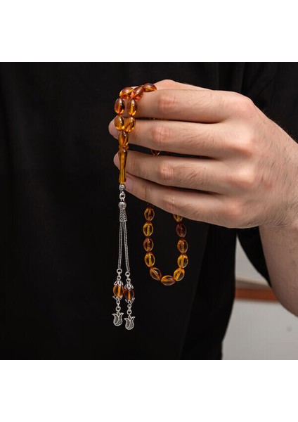 Sıkma Kehribar 925 Ayar Gümüş Tesbih