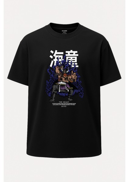 Oversize Kaido The Beast One Piece Baskılı Unisex Siyah Tişört
