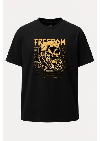 Oversize Freedom Sarı Kurukafa Baskılı Tişört