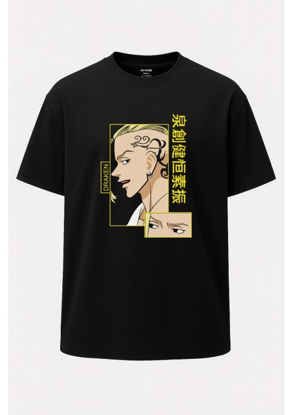 Oversize Draken Tokyo Revengers Anime Baskılı Unisex Siyah Tişört