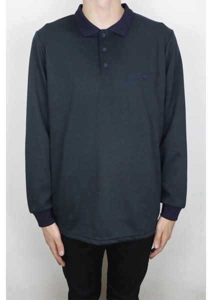 Fistan Store Erkek Koyu Yeşil Çizgili Klasik Kesim Rahat Kalıp Polo Yaka Tek Cepli Kışlık Kazak