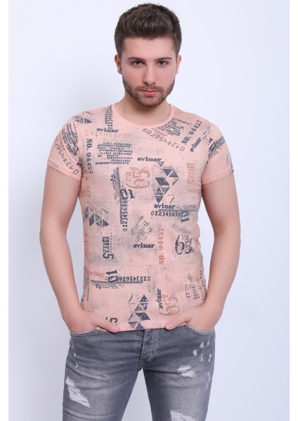 Unisex Bisiklet Yaka Baskılı Yıkamalı T-Shirt