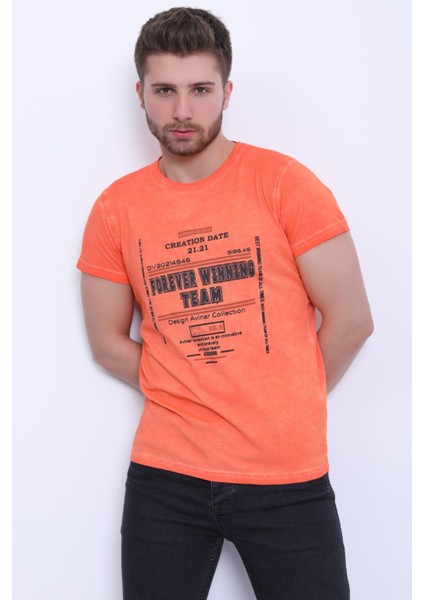 Unisex Bisiklet Yaka Baskılı Yıkamalı T-Shirt