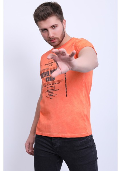 Unisex Bisiklet Yaka Baskılı Yıkamalı T-Shirt