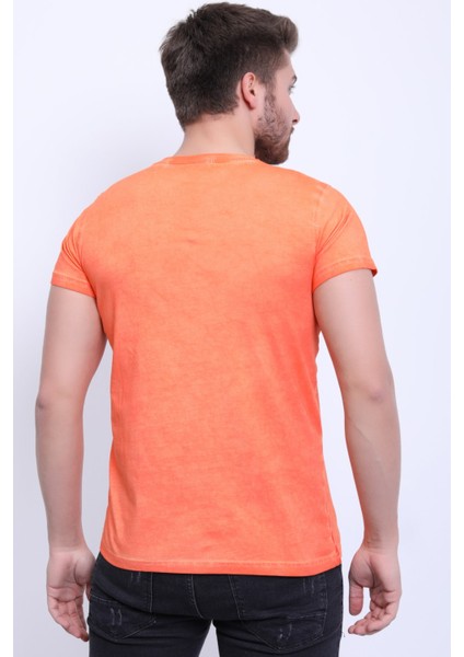 Unisex Bisiklet Yaka Baskılı Yıkamalı T-Shirt