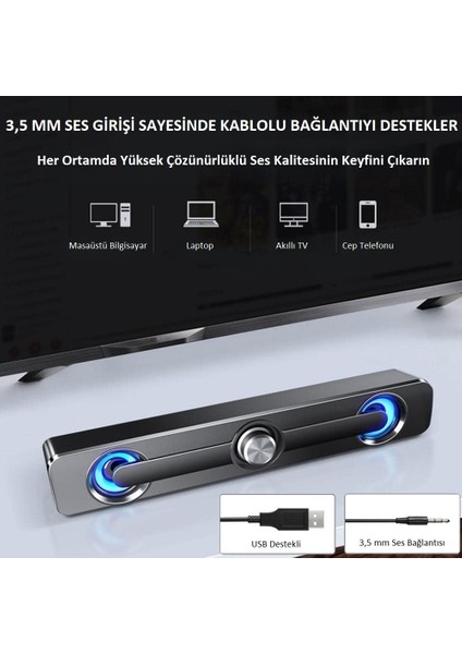 LED Işıklı USB ve 3.5mm Girişli Soundbar Hoparlör Masaüstü Laptop Tv ve Telefon Uyumlu 2X2.5W