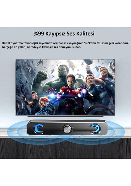 LED Işıklı USB ve 3.5mm Girişli Soundbar Hoparlör Masaüstü Laptop Tv ve Telefon Uyumlu 2X2.5W