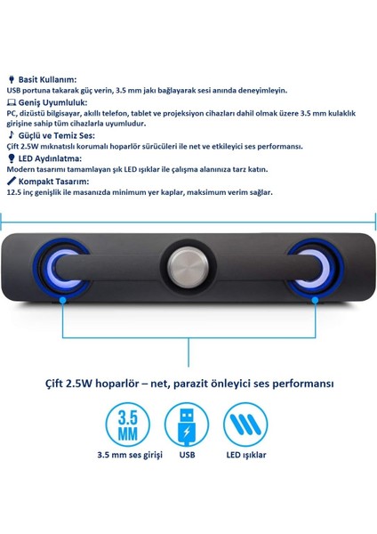 LED Işıklı USB ve 3.5mm Girişli Soundbar Hoparlör Masaüstü Laptop Tv ve Telefon Uyumlu 2X2.5W