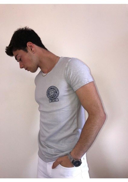 Unisex Bisiklet Yaka Baskılı Yıkamalı T-Shirt