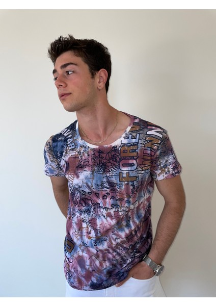 Unisex Bisiklet Yaka Baskılı Yıkamalı T-Shirt