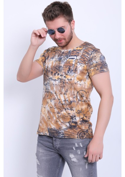 Unisex Bisiklet Yaka Baskılı Yıkamalı T-Shirt