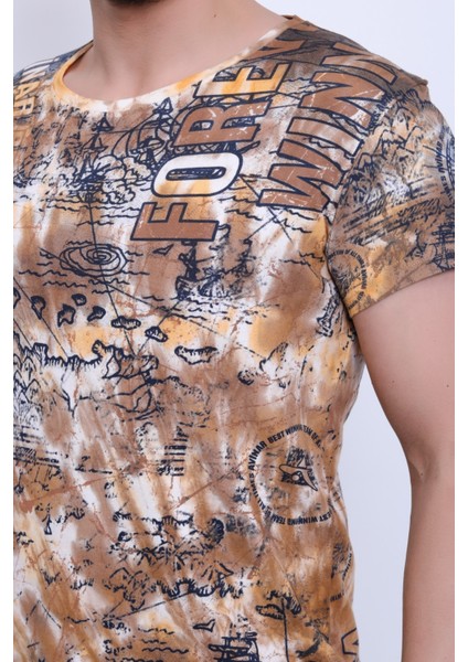 Unisex Bisiklet Yaka Baskılı Yıkamalı T-Shirt