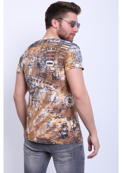 Unisex Bisiklet Yaka Baskılı Yıkamalı T-Shirt