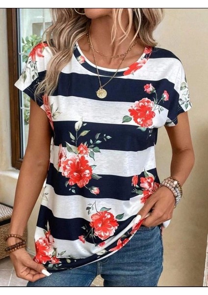 Kadın Çiçek Desenli Yatay Şeritli Bisiklet Yaka Tişört