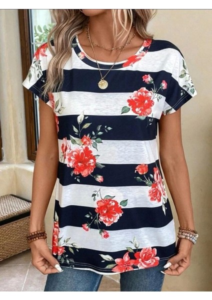 Kadın Çiçek Desenli Yatay Şeritli Bisiklet Yaka Tişört modelleri