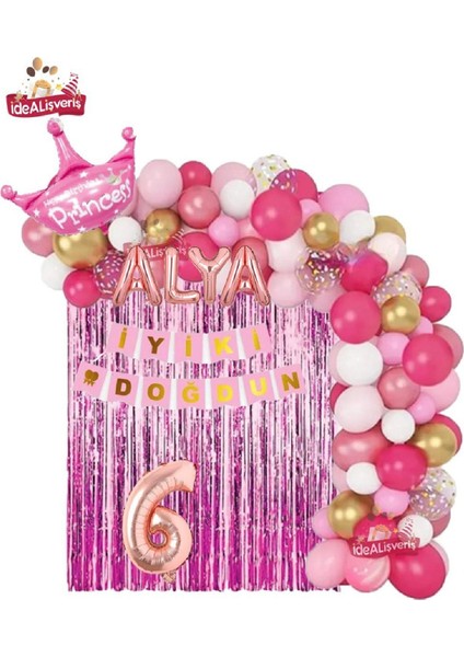 4 Harfli Rose Isimli Pembe Beyaz Konseptli Kraliçe Taçlı Doğum Günü Balon Zincir Parti Seti Süsü