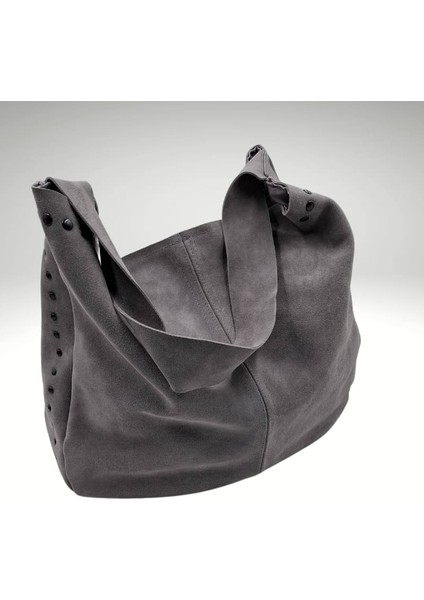 Büyük Gri Süet Omuz Çantası