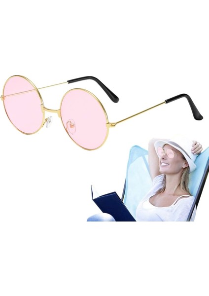 Nessiworld Yuvarlak Cam John Lennon Tarzı Hippi Gümüş Çerçeveli Pembe Gözlük