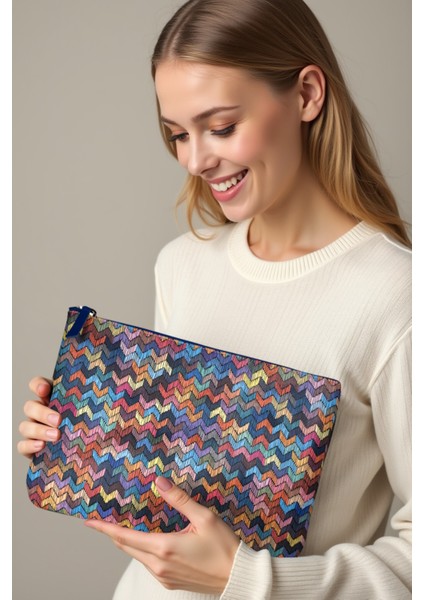 Çok Renkli Dikey Çizgili Clutch Portföy Çanta