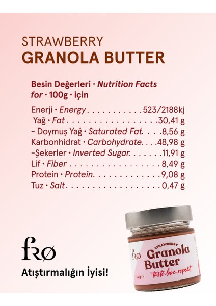 Granola Butter Çilekli Glutensiz Şekersiz Vegan Sürülebilir Ezme 240 gr