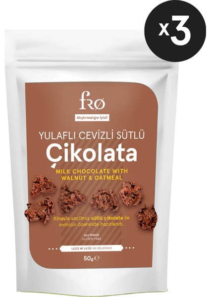 3'lü Yulaflı Cevizli Sütlü Çikolata Glutensiz Sağlıklı Atıştırmalık 3 x 50 gr