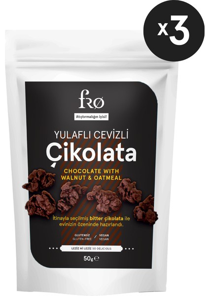 3'lü Paket Yulaflı Cevizli Çikolata Vegan Glutensiz Şekersiz Sağlıklı Atıştırmalık 3X50GR