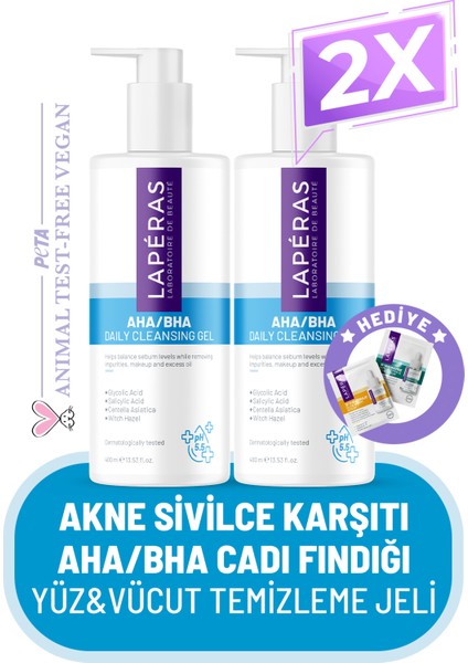 Akneli Ciltler Için Salisilik Asit Aha/bha Cadı Fındığı Yüz Vücut Vegan Temizleme Jeli 400 ml 2'li Paket