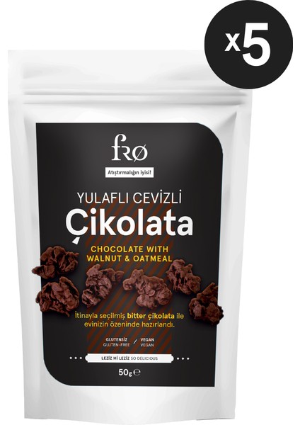 5'li Yulaflı Cevizli Çikolata Sağlıklı Atıştırmalık Doğal Glutensiz Vegan Şekersiz Tatlı 5X50GR