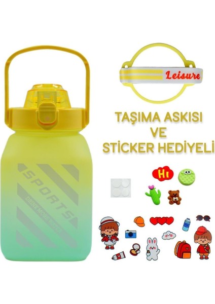 Kare Spor Model Taşıma Askılı Pipetli Motivasyon Matarası 1,5 Litre Sticker Hediyeli Sarı