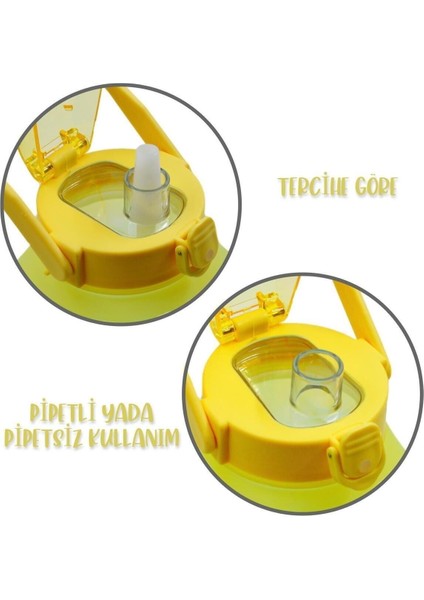 Kare Spor Model Taşıma Askılı Pipetli Motivasyon Matarası 1,5 Litre Sticker Hediyeli Sarı modelleri
