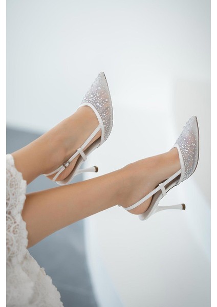 Mora Taşlı Saten Abiye Ayakkabı Beyaz